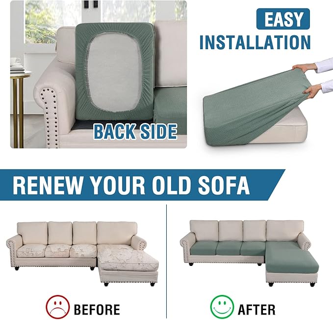 H.VERSAILTEX Sectional Couch Covers 4 Pieces Sofa Seat Cushion Covers L Shape Separate Cushion Couch Chaise Cover for Both Left/Right Sectional Couch (Seat Only: 1 Chaise + 3 Sofa, Sage)
