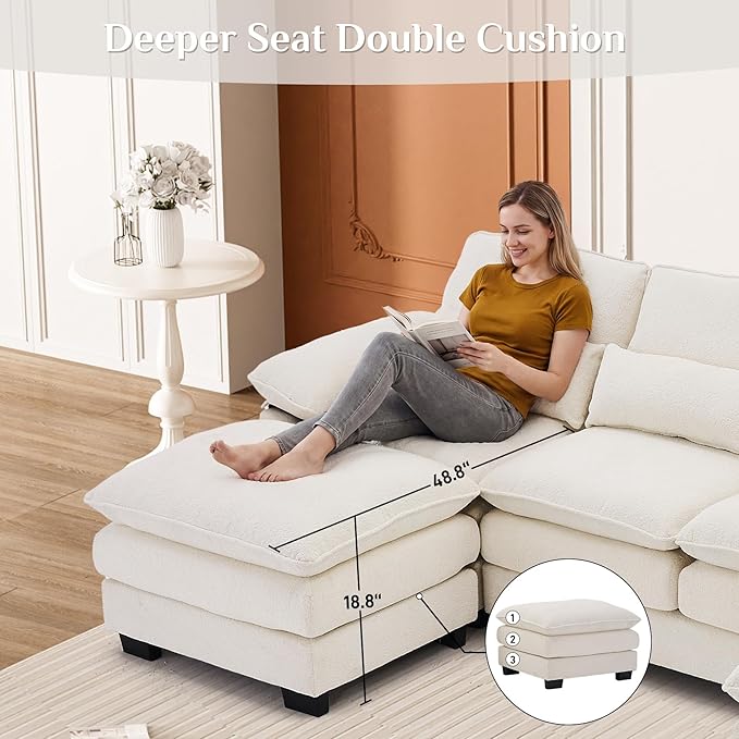 113" Cloud Couch Sectional Modular Sofa U Shaped Sectional Couches for Living Room Comfy 5-Seater Deep Seat Couch Chenille Cloud Sectional Sofa with Movable Ottoman & 4 Pillows, Cream White