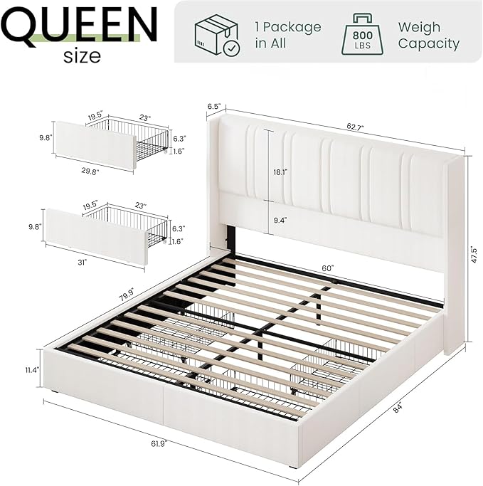 LARMACE Queen Size Bed Frame with 4 Storage Drawers and Wingback Headboard Linen Upholstered Platform Bed Frame with Wooden Slats, Easy Assembly, White