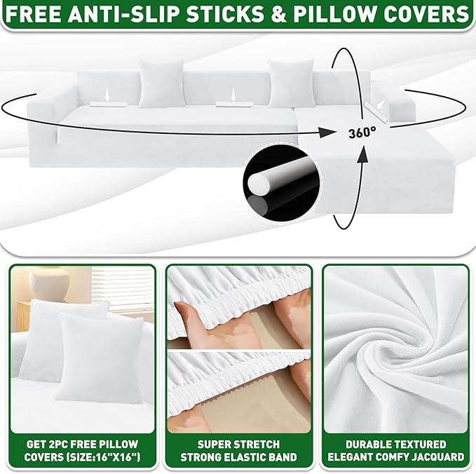 ZNSAYOTX 2026 Soft Velvet Sectional Couch Covers, Luxury Plush Slipcovers with Elastic Bottom for L Shape Sectional Sofa, 2 Pcs Pet Friendly Protector (3 Seat Couch + 3 Seat Chaise, White)