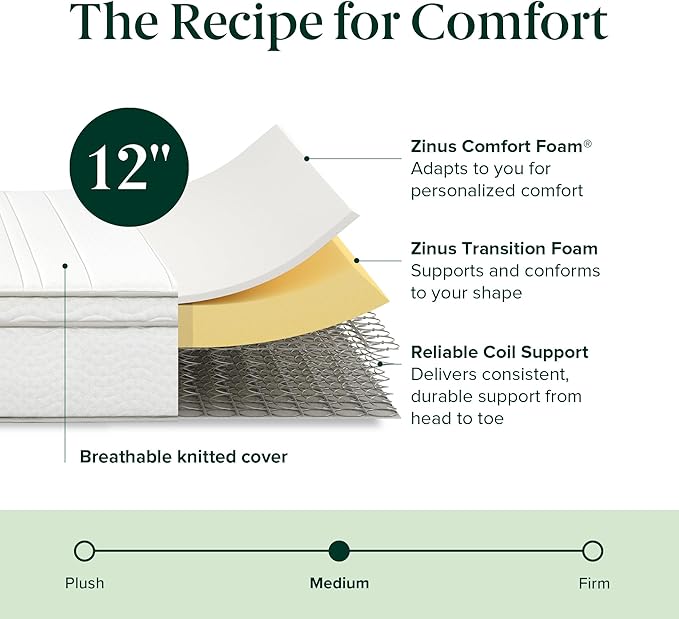 Zinus 12 Inch Foam and Spring Hybrid Mattress [New Version], Queen, Fiberglass Free, Medium Firmness, Durable Support, Certified Safe Foams & Fabric, Mattress in A Box