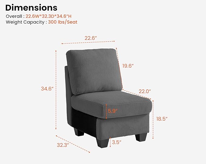 CHIC HOUSE Middle Module for Modular Couch, Corduroy Customizable Chaise, Storage Ottoman for Sectional Sofa, Armrest, Single/Double Seater
