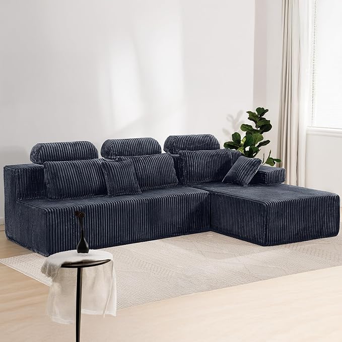 106’’ Sectional Couch with High Backrest, L-Shape Modular Sectional Sofa Convertible Left or Right Chaise, Cloud Corduroy, Boneless Couches Comfortable for Living Room(Dark Grey)