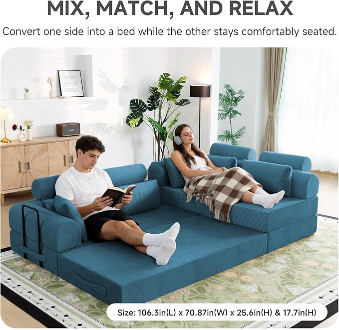 Boneless Sectional for Small Spaces, 106” L Shaped Couch From Two 70.87” Modules, Reconfigures to 141.7” Straight Sofa, Corduroy Compressed Couch in a Box With Headrest Back Pillows, Light Blue