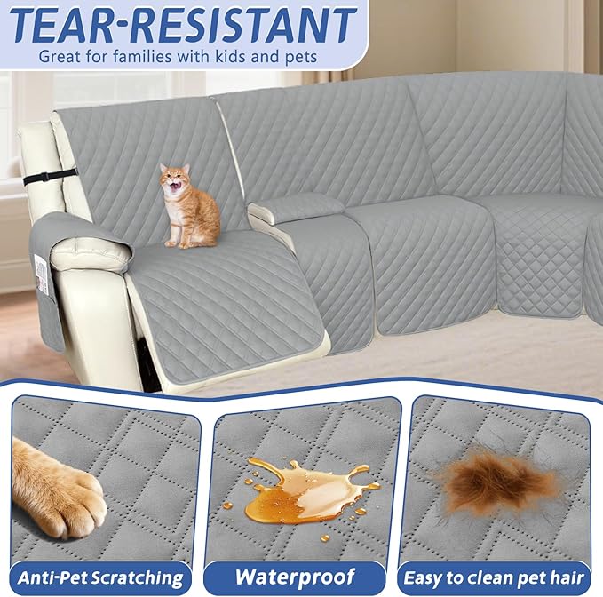 Arfntevss Recliner Sectional Couch Covers 1OO% Waterproof L Shape Sofa Cover for Reclining L Shaped Sectional Slipcover Dog Washable Corner Non Slip Middle Console Protector (1 Console, Silvery Gray)