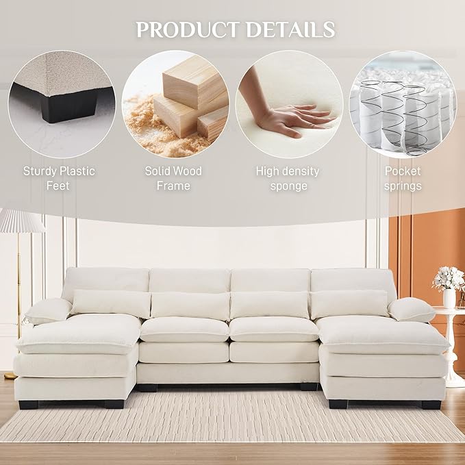 113" Cloud Couch Sectional Modular Sofa U Shaped Sectional Couches for Living Room Comfy 5-Seater Deep Seat Couch Chenille Cloud Sectional Sofa with Movable Ottoman & 4 Pillows, Cream White
