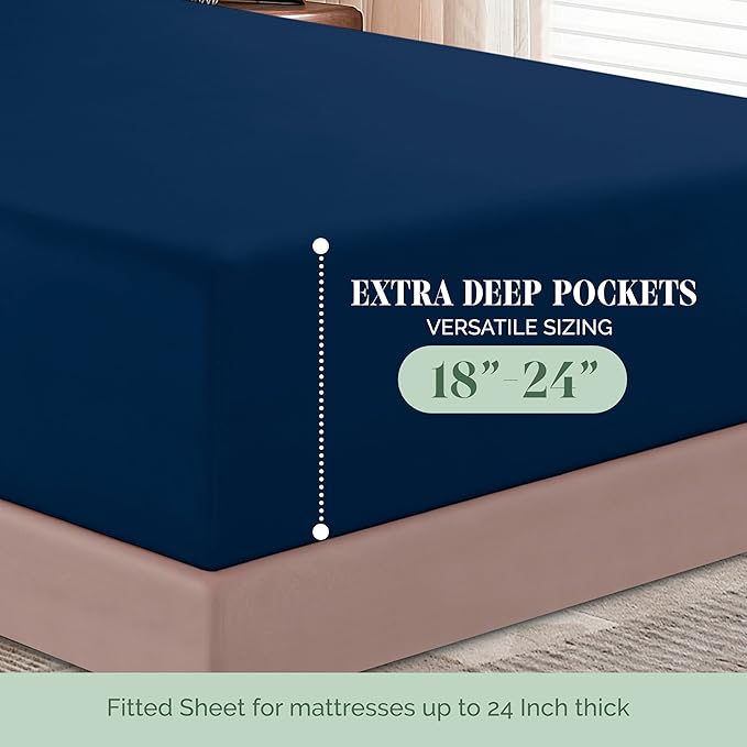 Elegant Comfort 1500 Premium Hotel Quality 18-24 Inches Deep - Extra Deep Pocket Single Fitted Sheet for High Mattress, Luxury and Softest, Smart Pocket - Wrinkle Free, King, Navy Blue