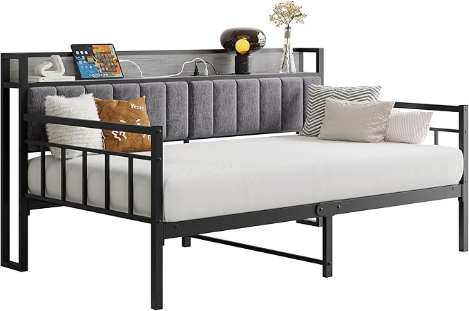 BOFENG Metal Daybed Frame Twin Size with Charging Station,Metal Twin Bed Frame with Upholstered Headboard with Strong Steel Slats for Living Room,Bedroom and Guest Room