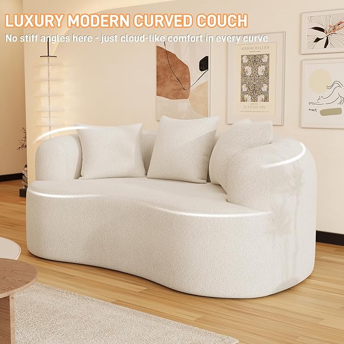 69" Curved Loveseat Sofa for Living Room, Modern Chenille Love Seat Cloud Couch, Luxury Plush Extra Deep Oversized Sofa for Small Spaces, Bedroom, Apartment‌, No Assembly Required, Cream White