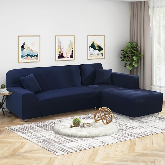 KinCam Sectional Couch Covers L Shape Sofa Covers Super Stretch 2pcs Sofa Slipcovers for 3 + 3 Seaters Sectional Chaise Slipcover with 2pcs Pillow Covers for Pets Kids (Dark Blue)