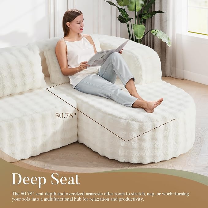 Hobestluk 96" Cloud Sectional Couch Modern Boneless Couch 3 Seater with Oversized Chaise L Shaped Modular Sofa Couches for Living Room Apartment No Assembly Required (Bubble White,Right Facing Chaise)