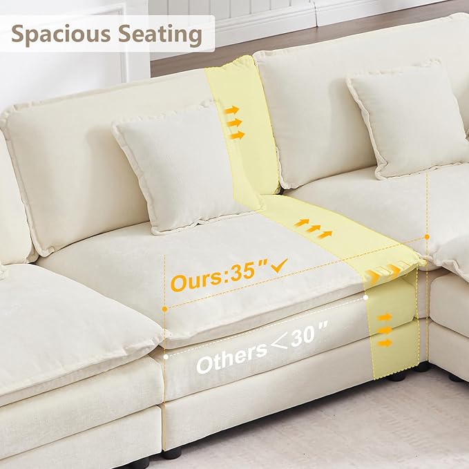 147" Modular Sectional Sofa, Oversized U Shaped Sectionals Cloud Couch, Big Comfy Couch with 2 Ottomans, 6 Seater Chenille Sectional Sofa with Deep Seat and 6 Pillows for Living Room- Beige