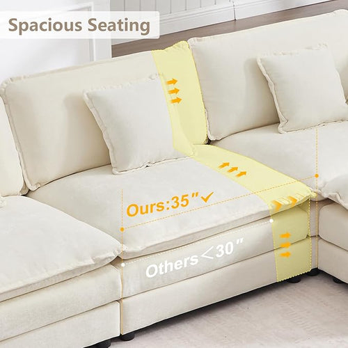 147" Modular Sectional Sofa, Oversized U Shaped Sectionals Cloud Couch, Big Comfy Couch with 2 Ottomans, 6 Seater Chenille Sectional Sofa with Deep Seat and 6 Pillows for Living Room- Beige
