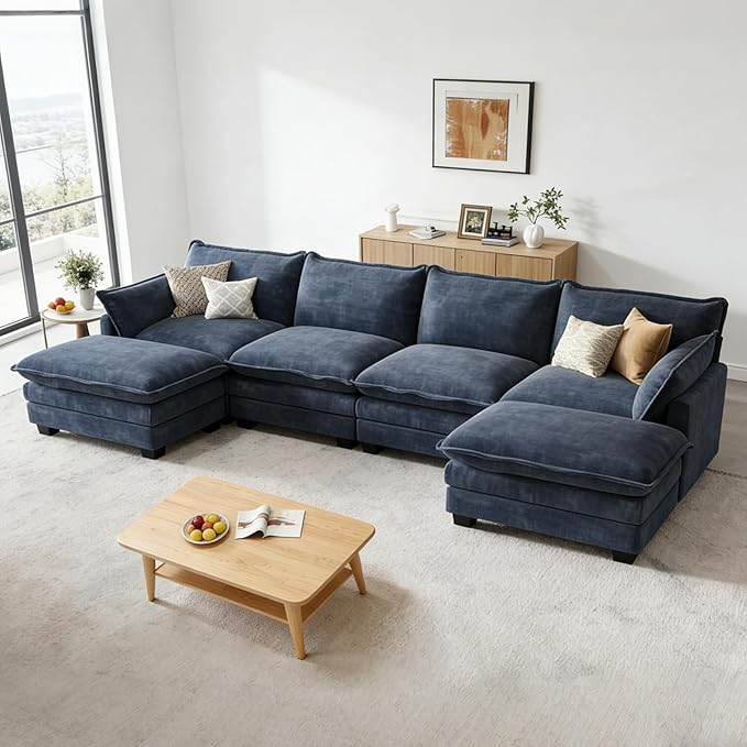 Modular Sectional U Shaped Sofa Couches for Living Room, Cloud Couch with Movable Ottoman, Comfy Chenille Sofa with Pillow for Bedroom and Apartment,Blue