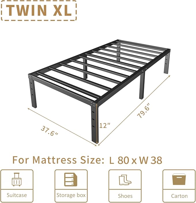 HOBINCHE 12 Inch Twin XL Size Bed Frame - No Box Spring Needed Heavy Duty Metal Platform Mattress Foundation with Steel Slats, Non-Slip Noise Free Easy Assembly Black Bedframes
