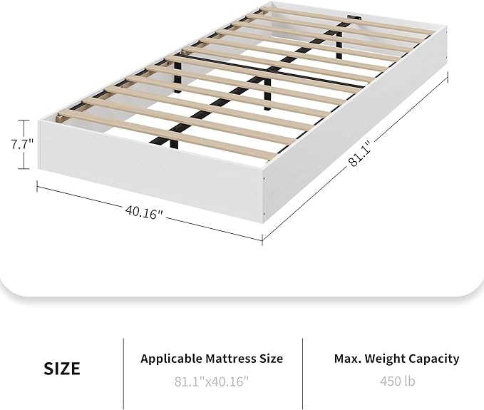 Wood Platform Bed with Sturdy Wooden Slats, Twin XL Floor-Standing Bed Frame, Modern Minimalist Design Space-Saving Bed Frame, No Box Spring Needed, Easy Assembly, White