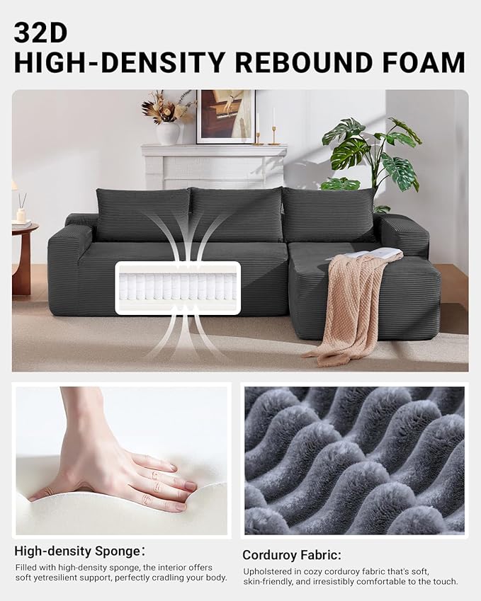 97" Cloud Sectional Couch,Modern Modular Sectional Sofa with Deep Seat,Corduroy Boneless Couches with L-Shape Chaise for Living Room Bedroom,No Assembly Required (Grey, 97" Right Facing Chaise)