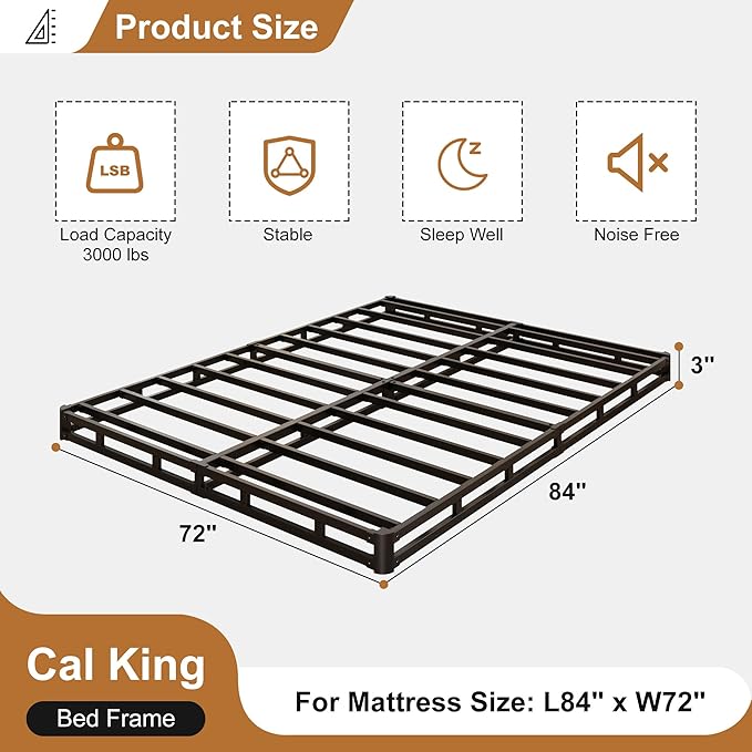 Lutown-Teen 3 Inch California King Box Spring Low Profile, Heavy Duty Metal Cali King Box Spring Bed Base with Fabric Cover, Mattress Foundation, Noise Free, Easy Assembly
