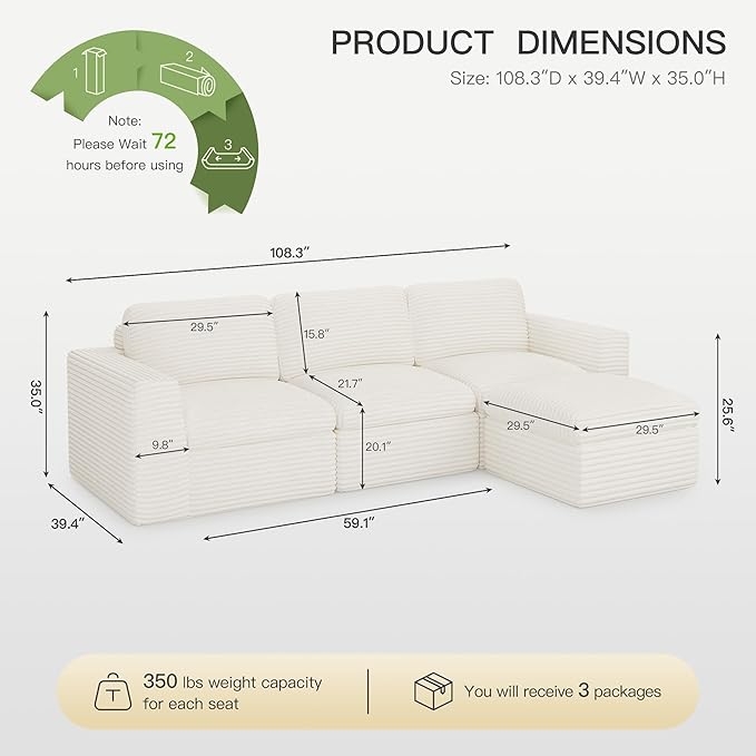 Belffin Boneless Cloud Modular Sectional Sofa 3-Seater L Shaped Couch with Ottoman Convertible Sofa Bed Plush Corduroy Cloud Sectional Couches for Living Room. Beige Sofa