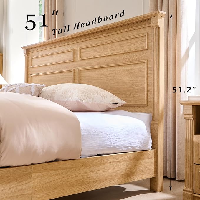 Aitjunz Farmhouse King Size Bed Frame with 51" Tall Headboard, Wood Platform Bed Frame with 20" Tall Roman Column Decoration Footboard & 3 Large Storage Drawers, No Box Spring Needed (Natrual)