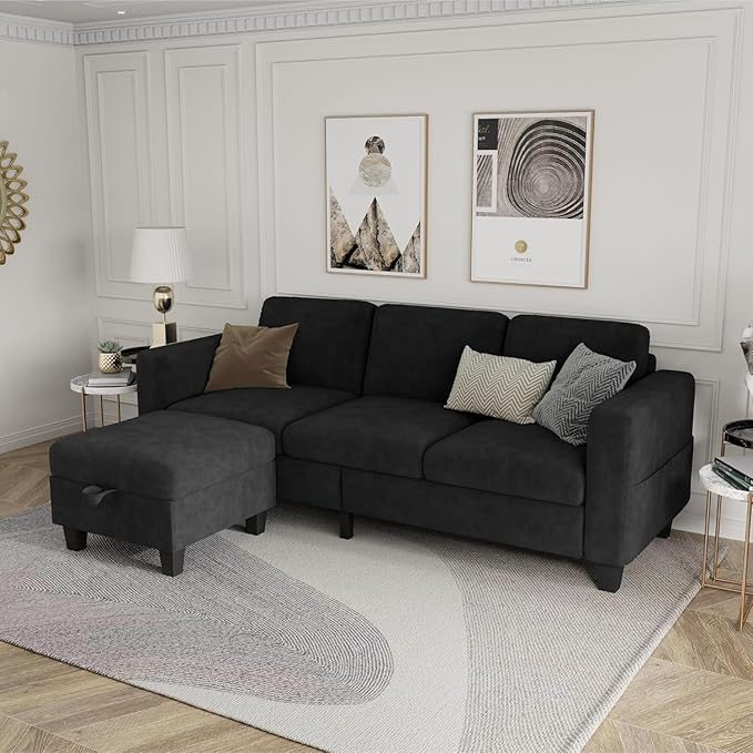 Sectional Sofa and Couches for Living Room - 78''L Shaped Black Velvet Couch-Pet Friendly Modular 3-Seater Convertible Sofas-Washable Covers-Suitable for The Living Room, Apartment or Bedroom