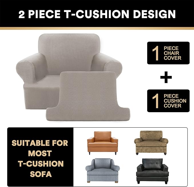 PrinceDeco 2 Pieces Armchair Slipcover Stretch Couch Covers for T Cushion Chair Slipcovers Soft Arm Chiar Cover Furniture Covers with 1 Individual T Shape Seat Covers Width Up to 40", Taupe