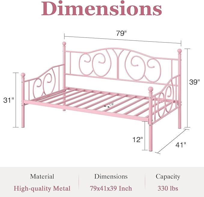 VECELO Metal Daybed Frame Multifunctional Platform Bed Sofa Mattress Foundation with Classic Headboard, Twin, Pink