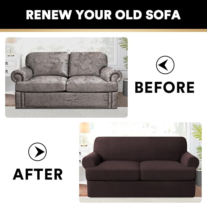 PrinceDeco T Cushion Loveseat Slipcover 3 Pieces Sofa Covers for T Cushion Sofa Stretch Slip Covers for 2 Cushion Couch with 2 Individual T Shape Seat Covers Width Up to 76"- Washable, Brown