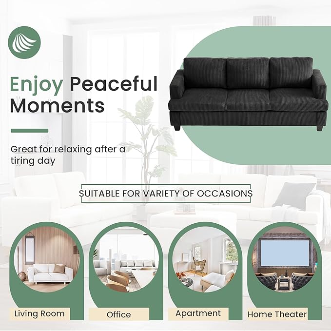 YOUDENOVA 2 Piece Set Comfy Sofa Couch, 2 3-Seater Sofa with Deep Seats, Modern Sleeper Couch for Living Room, Black Corduroy