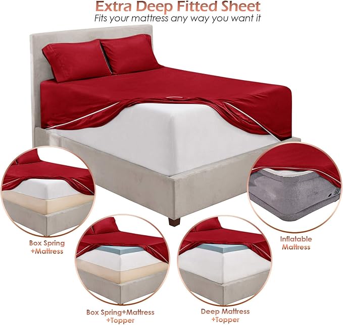 Hearth & Harbor Bed Linen Set - King Size, 6 Piece, Extra Deep Pocket, Burgundy, Microfiber