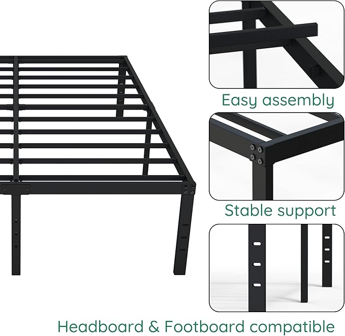 DiaOutro 18 Inch Queen Bed Frame Heavy Duty Metal Platform No Box Spring Needed, Maximum Storage, Easy Assembly, Noise Free, Black