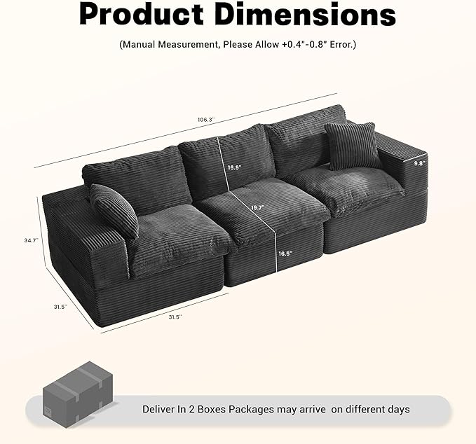 106.3” Sectional Couches for Living Room, Set of Cloud Couch, Modular Sectional Sofa, Convertible Sofas Bed, Deep Seat Sofa, Corduroy, Gray