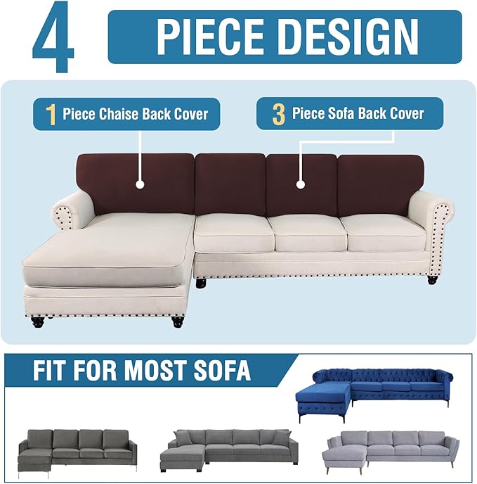 H.VERSAILTEX Backrest Cushion Covers Sectional Couch Back Cushion Covers for Sectional Sofa Set for Both Left/Right Couch (Back Only: 1 Chaise + 3 Sofa, Chocolate)