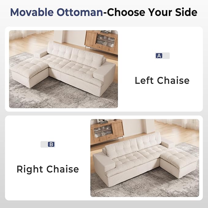 Cloud Sectional Boneless Sofa with Ottoman, Modular L Shaped Couch with Layered Cushion, Fluffy Comfy Couches for Living Room, No Assembly, Beige