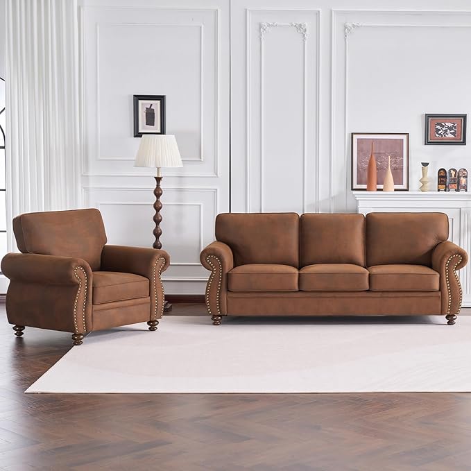 Living Room Furniture Sets,Sofa Sets and Couch Sets for Living Room,Mid-Century Vintage Sofa Couches with Rivet Design (Caramel, Single+Loveseat+3 Seater)