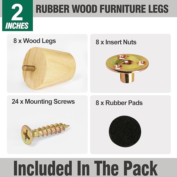 FoDau770 Rubber Wood Furniture Legs 2 Inches, Slant Tapered Wood Feet Mid Century Sofa Legs Set of 8, 5/16" UNC Furniture Feet Replacement Parts for Cabinet Couch Dresser Chair Ottoman Table
