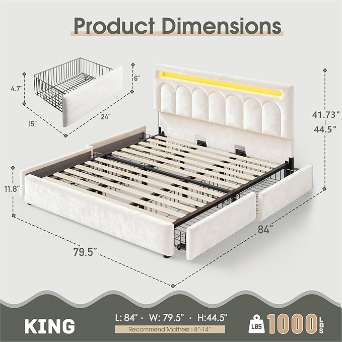 Homkdom King Size Bed Frame with 4 Storage Drawers, Upholstered King Bed Frame with Vertical Arched LED Headboard, Sturdy Wood Slats Support, No Box Spring Needed, Beige