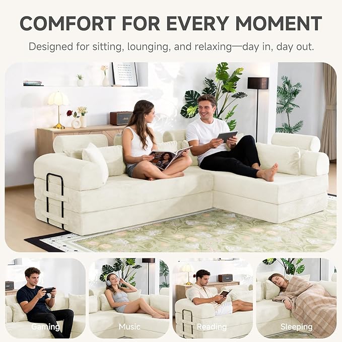 Boneless Sectional for Small Spaces, 106” L Shaped Couch from Two 70.87” Modules, Reconfigures to 141.7” Straight Sofa, Corduroy Compressed Couch in a Box with Headrest Back Pillows, White
