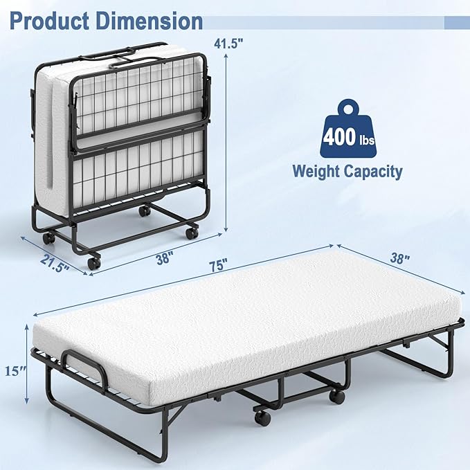 Giantex Folding Bed with Mattress for Adults, Twin Size Rollaway Beds for Guest, Space Saving Portable Foldable Bed w/Memory Foam Mattress & Metal Frame for Easy Storage, 75"x 38"