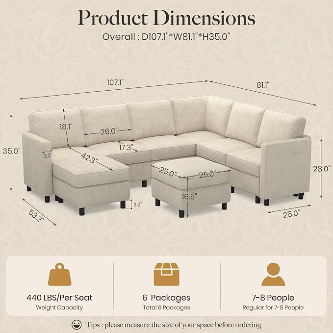 Belffin 107.1" 8 Seats U Shaped Couch Modular Sectional Sofa Seat Couch with Storage Comfy Washable Sectional Couches for Living Room Sofas Set with Chaise,Beige