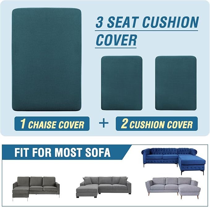 H.VERSAILTEX Sectional Couch Covers 3 Pieces Sofa Seat Cushion Covers L Shape Separate Cushion Couch Chaise Cover for Both Left/Right Sectional Couch (Seat Only: 1 Chaise + 2 Sofa, Deep Teal)