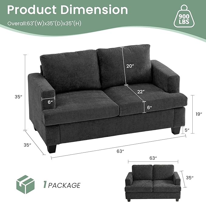 YOUDENOVA 2 Piece Set Comfy Sofa Couch, Loveseat Sofa * 2 with Deep Seats, Modern Sleeper Couch for Living Room, Dark Grey Chenille