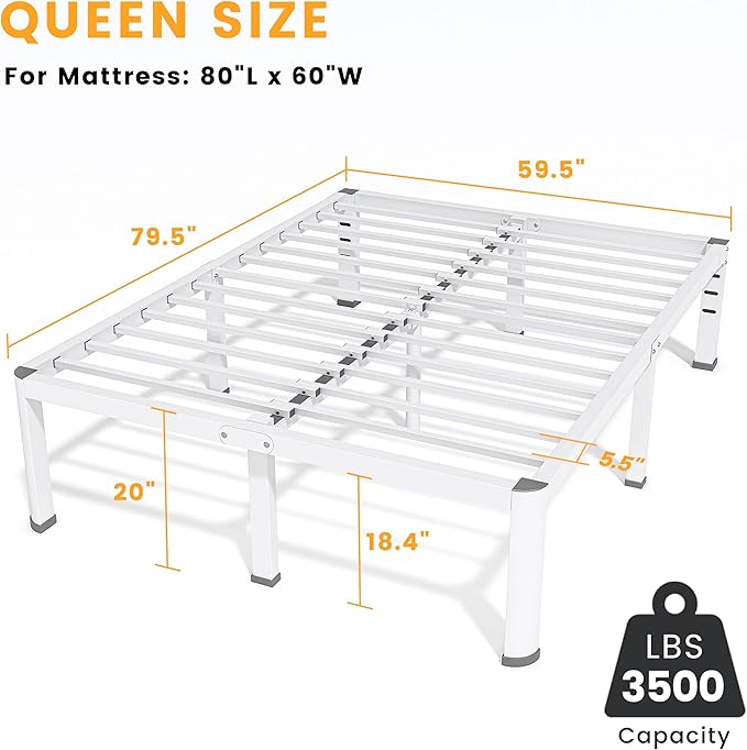 Superay 20 Inch Queen Size Metal Bed Frame with Round Corners, Storage Space Under High Bed Frame-Heavy Duty Steel Slats Support, Noise Free - Easy Assembly - No Box Spring Needed,White