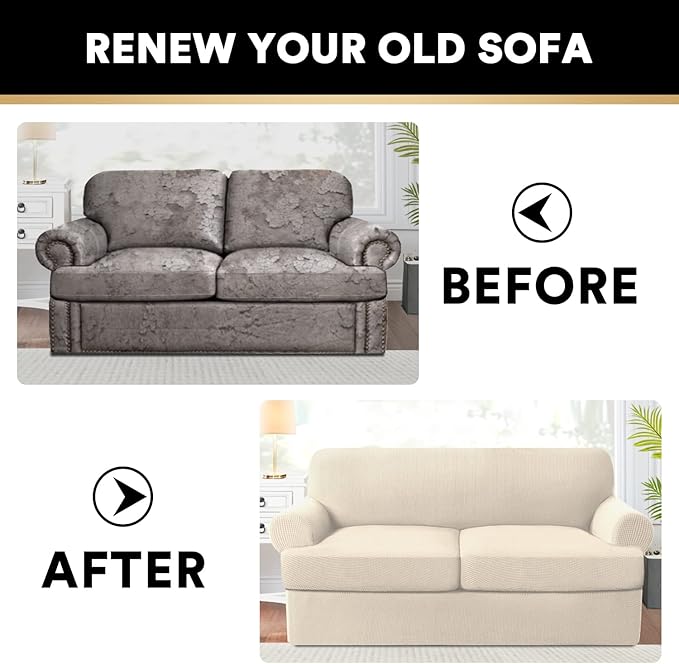 PrinceDeco T Cushion Loveseat Slipcover 3 Pieces Sofa Covers for T Cushion Sofa Stretch Slip Covers for 2 Cushion Couch with 2 Individual T Shape Seat Covers Width Up to 76"- Washable, Natural