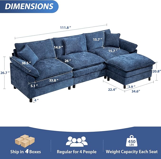 Oversized Modular Sectional Sofa, 111.8 Inch L Shaped Cloud Couch Set, 3-Seat Comfy Convertible Sofa with 1 Movable Ottoman, DIY Combination Sleeper Couch for Living Room(Chenille, Blue)