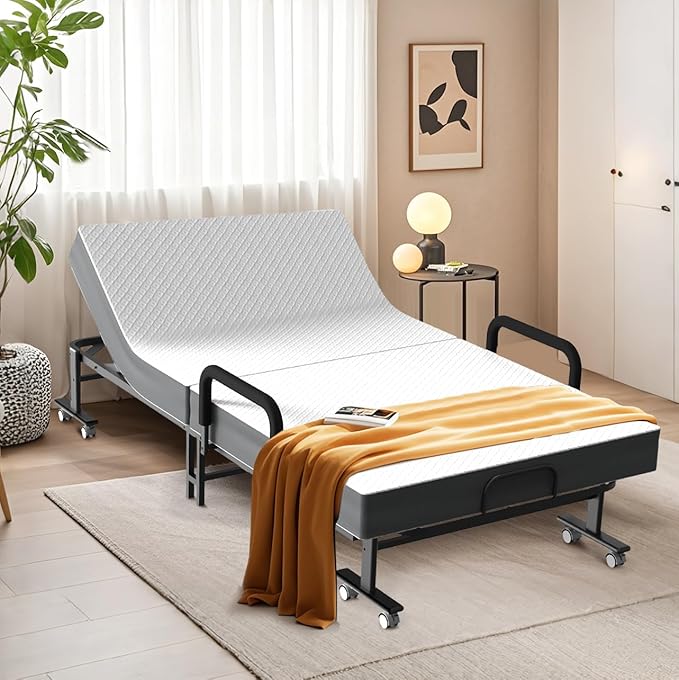 Adjustable Folding Bed with Mattress, 8 Smooth-Rolling Wheels & 2 Armrests, Portable, Foldable Guest Bed for Adults, 75" x 38"
