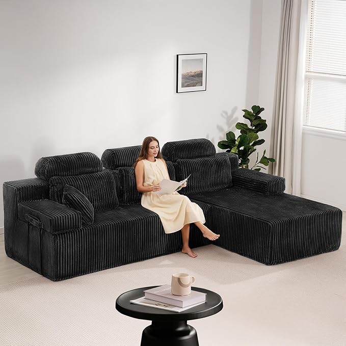 106’’ Sectional Couch with High Backrest, L-Shape Modular Sectional Sofa Convertible Left or Right Chaise, Cloud Corduroy, Boneless Couches Comfortable for Living Room(Black)