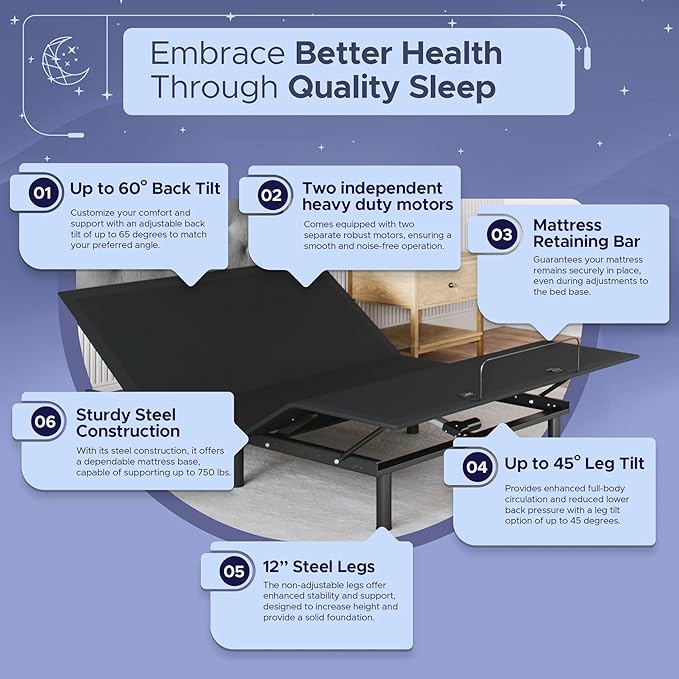 Celestial Sleep Aurora Adjustable Bed Base (Frame Only), Easy Assembly, Head and Foot Lift, Zero Gravity, Memory Positions - Queen