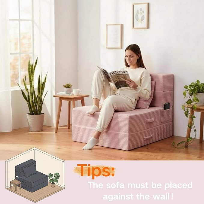 Folding Sofa Bed, 4 in 1 Convertible Sleeper Chair with Pillow, Single Memory Foam Fold Out Chair Bed, Modern Floor Futon Sofa Couch Mattress for Living Room/Guest/Apartment, Pink