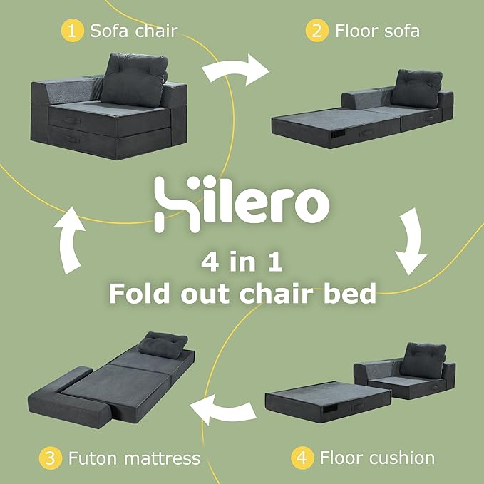 Folding Sofa Bed, 4 in 1 Convertible Sleeper Chair with Pillow, Standard Memory Foam Fold Out Chair Bed, Modern Floor Futon Sofa Couch Mattress for Living Room/Guest/Apartment, Black Grey | Compression sofa bed, L shaped armrest, Sturdy backrest, Large...